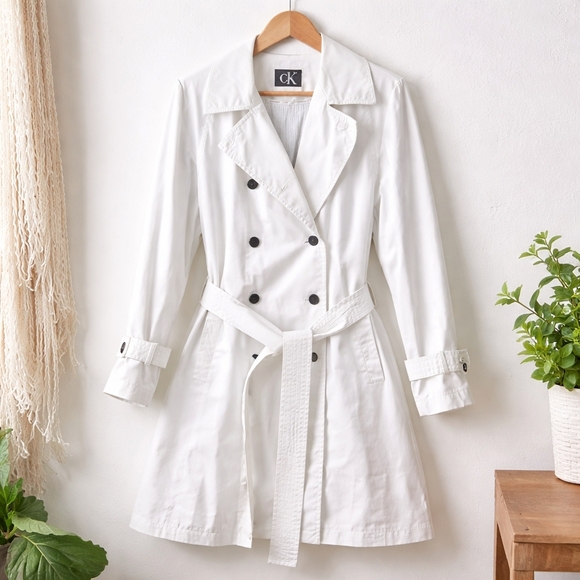 Calvin Klein Jackets & Blazers - Calvin Klein White Trench Coat Double Breasted Belted  Fits Xl-2xl No Size Tag